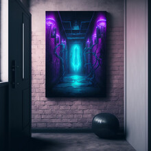Door In The Night, Door In The Dark, Door In The Room, Sci Fi Alien Cyber Dark Hallway Room Corridor Neon Purple Blue Lights On Stands Glossy Concrete Floor Brick Wall Rough Grunge 3D Rendering,