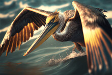 Close Up Of A Pelican Flying At Sea Level, GENERATIVE AI