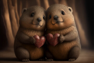 Two adorable groundhogs sharing a heart, SAn valentine day, GENERATIVE AI