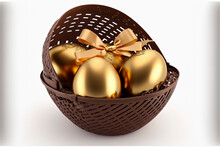 Golden Easter Eggs. On A Basket