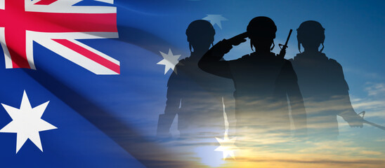 Canvas Print - Silhouettes of Soldiers with Australian flag on background of sunset. Concept - Armed Force. EPS10 vector