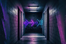 Colored Arrows In A Purple Futuristic Sci-Fi Alien Cyber Dark Blue Neon Generative Ai Hallway 