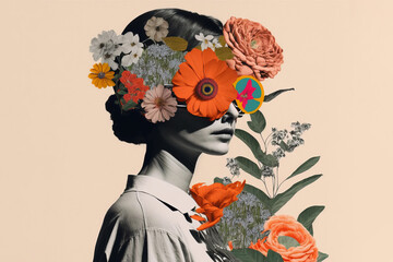 portrait of a woman with lots of flowers. abstract trendy art paper collage design. generative ai