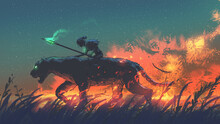 Boy Riding On The Back Of A Panther Through The Fire Meadow, Digital Art Style, Illustration Painting