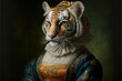 Portrait of tiger in a victorian dress. Generative AI
