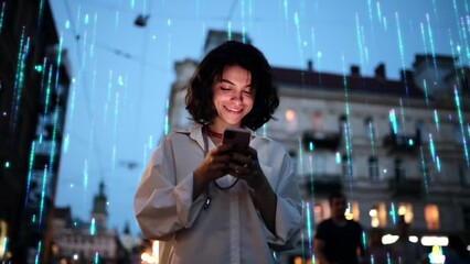 beautiful smiling woman using smartphone on a city street at night. visualization of the internet by