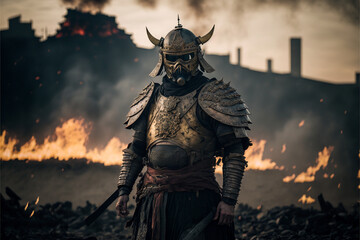 Wall Mural - Samurai in armor against the background of a burning ruined city, a portrait of a warrior after the battle, AI-generated cinematic art