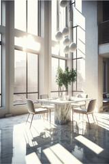 Wall Mural - Minimalist white loft interior. Huge windows with sunlight. Designed using generative ai.