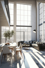 Wall Mural - Minimalist white loft interior. Huge windows with sunlight. Designed using generative ai.