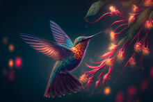 Bella Ilustración Donde Un Pájaro Colibrí De Llamativos Colores Esta Bebiendo Néctar De Unas Flores Brillantes De Fantasía Mientras Vuela. IA Generativa.
