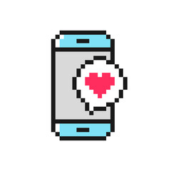 Smartphone with heart message pixel icon. Love symbol for Valentine's Day. Isolated on white background vector sign