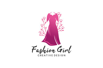 Wall Mural - Floral women dress logo design, beauty fashion logo vector illustration