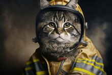 cat Wears fireman suit, Burning forest in the background ,photorealistic Portrait , Generative ai