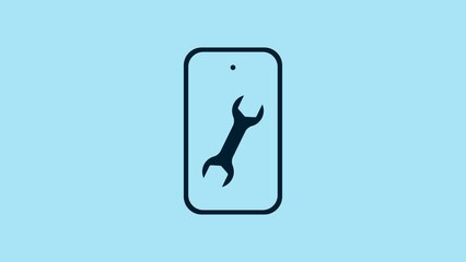 Poster - Blue Mobile phone with wrench icon isolated on blue background. Adjusting, service, setting, maintenance, repair. 4K Video motion graphic animation