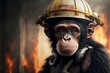 chimpanzee Wears fireman suit, Burning forest in the background ,photorealistic Portrait , Generative ai