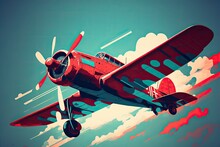 Red Vintage Plane Flying In The Blue Sky, Digital Art Style, Generative AI No Background