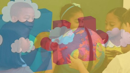 Canvas Print - Animation of puzzle pieces with cloud icons over diverse schoolchildren