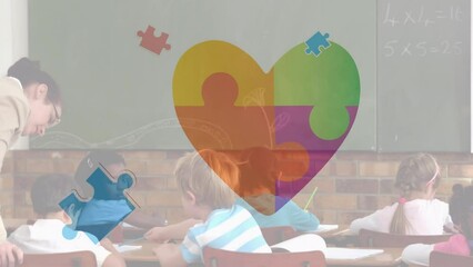Poster - Animation of puzzle pieces with heart icon over diverse schoolchildren and teacher