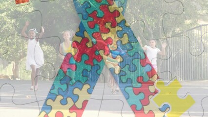 Poster - Animation of puzzle pieces with ribbon icon over diverse schoolchildren