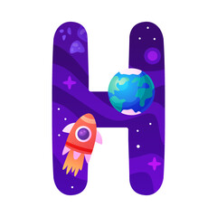 Sticker - Space Letter H as Font and Alphabet Capital Bold Figure with Rocket Vector Illustration