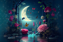 Fantasy Magical Enchanted Fabulous Fairy Tale Landscape With Forest Lake Blooming Pink Rose Flower Garden, Two Butterflies On A Mysterious Blue Background, And Glowing Moon Rays In The Night