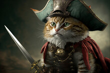 Cute Pirate Cat With A Hat Called Tricorn Or Tricorne 3d Character And A Costume Holding A Sword