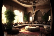 Moroccan Lux Temple Interior Design Living Room With Many Fur Rugs Pillows Plants Silk Hanging In Circle From Ceiling Generative Ai