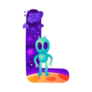 Space Letter L as Font and Alphabet Capital Bold Figure with Alien Vector Illustration