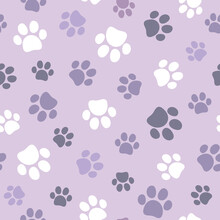 Pet Paw Seamless Pattern. Vector Illustration With Cat Or Dog Paw On Purple Background. It Can Be Used For Wallpapers, Wrapping, Cards, Patterns For Clothes And Other.