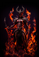  Devil Woman. Ghost standing in flames.  Generative AI.