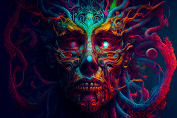 Wall Mural - horror poster. mystical head. psychedelic monster. generative ai.