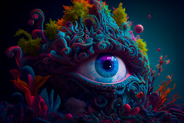 Wall Mural - horror poster. mystical head. psychedelic monster. generative ai.