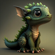 Side Portrait Of Dark Green Baby Dragon Without Wings, Generative Ai