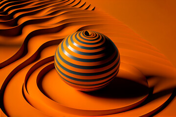Three dimensional orange sphere rolling down wavy pattern. Generated by AI