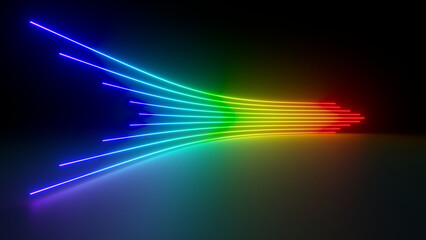 Fototapete - Sci Fy neon glowing wave lines in a dark hall. Reflections on the floor. Empty background in the center. 3d rendering image. Abstract glowing lines. Techology futuristic background.
