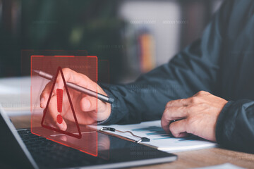 businessman and warning icon, exclamation mark,alarm,computer virus detected,danger warning concept or information error that should be urgently fixed and repaired,Notification of security issues