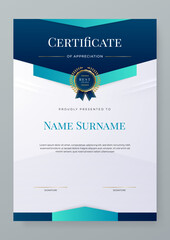 Wall Mural - Modern blue certificate of achievement template with gold badge and border in A4 portrait orientation
