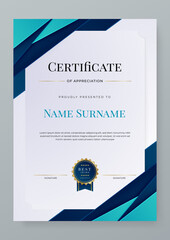 Wall Mural - Modern blue certificate of achievement template with gold badge and border in A4 portrait orientation