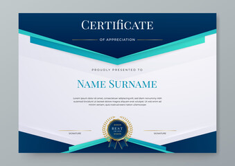 Wall Mural - Modern blue certificate of achievement template with gold badge and border in A4 landscape orientation