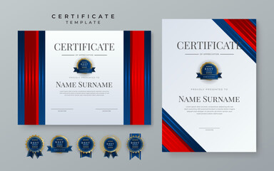 Wall Mural - Modern certificate template with luxury pattern, diploma. Vector illustration and vector Luxury premium badges design. Set of red and blue vintage badges and labels.