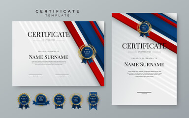 Wall Mural - Modern certificate template with luxury pattern, diploma. Vector illustration and vector Luxury premium badges design. Set of red and blue vintage badges and labels.