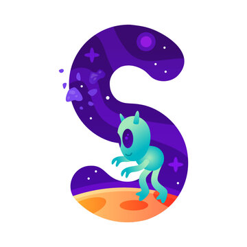 Space Letter S as Font and Alphabet Capital Bold Figure with Alien Vector Illustration