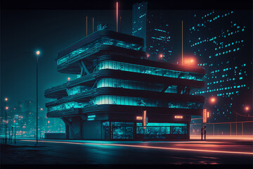 Concept of modern night city in cyberpunk style, Digital art.