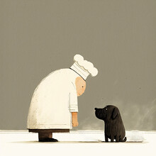 Cartoon Of A Chef Looking At His Black Dog Generative Ai