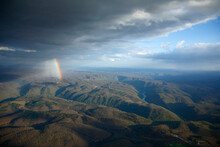 Aerial View Of A Rainbow Appearing After A Receding Storm Over The New River Gorge Near Fayetteville, WV