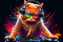 Ginger  Dj Cat With Sunglasses And Headphones Playing Music