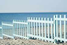 Blue Wooden Fence Barrier Beach Italy Ocean