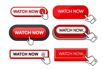 Poster - Watch now vector red button collection in different flat style. Play video icon isolated on white background. Vector illustration.