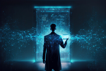 Aufkleber - Man works with futuristic dashboard, computer system with magic light, generative AI.