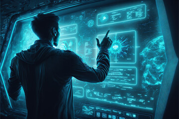 Aufkleber - Man works with futuristic dashboard, computer system with touch interface, generative AI.